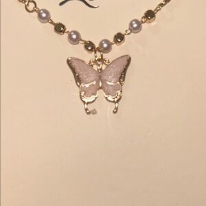 Gold & Pink Butterfly Pendant Necklace